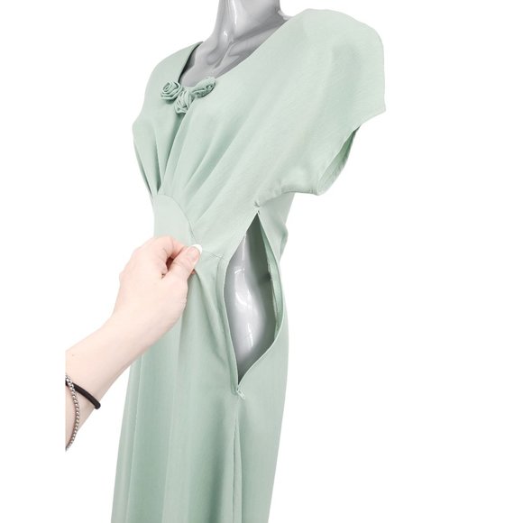 VTG 90s CDC Sage Green Short Sleeve Empire Waist Midi Dress Size 4 Pleated Roses - Picture 5 of 8